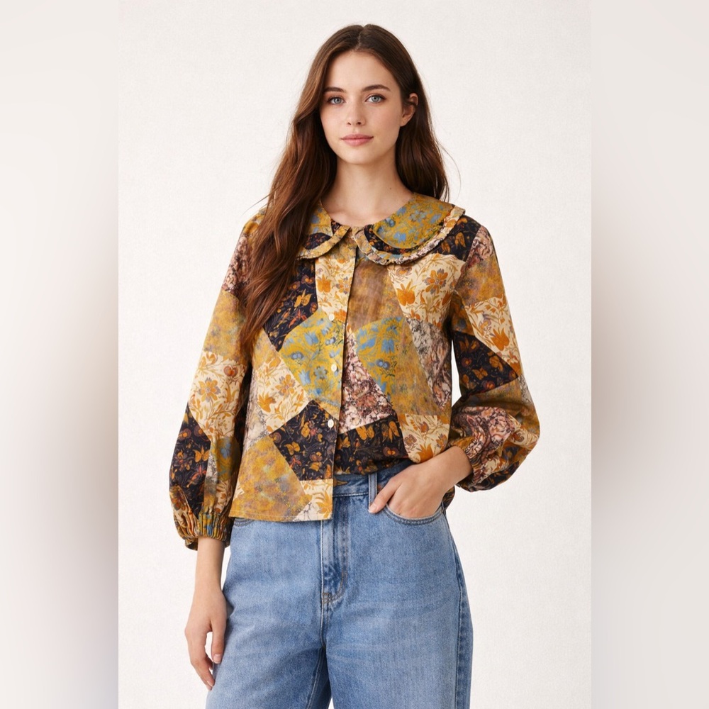 Taylor Tillman New York Ana Patchwork Peter Pan Collar Top Cottagecore Small NWT